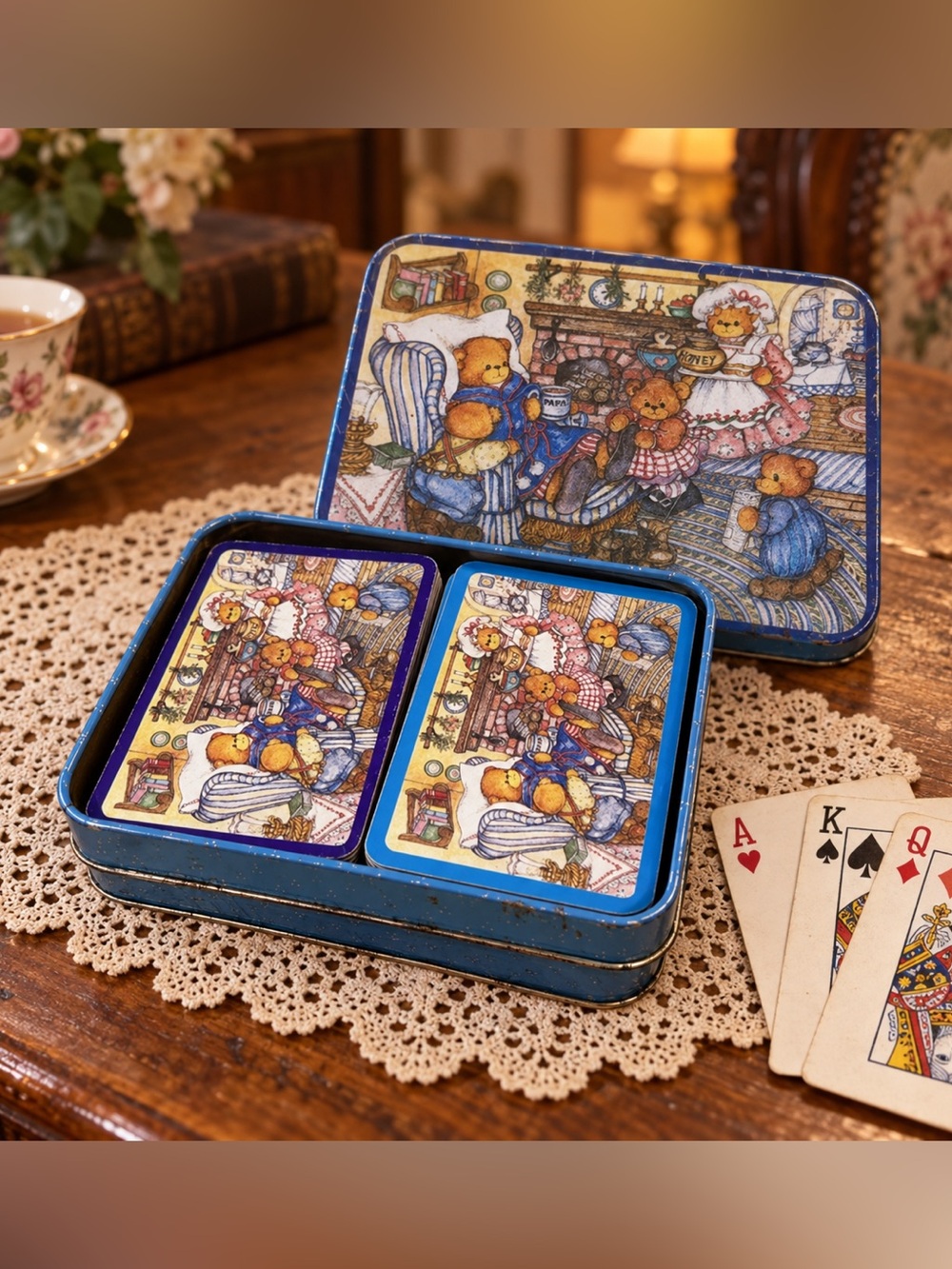 Vintage 1988 Lucy Rigg Enesco Teddy Bear Playing Cards Double Deck Tin